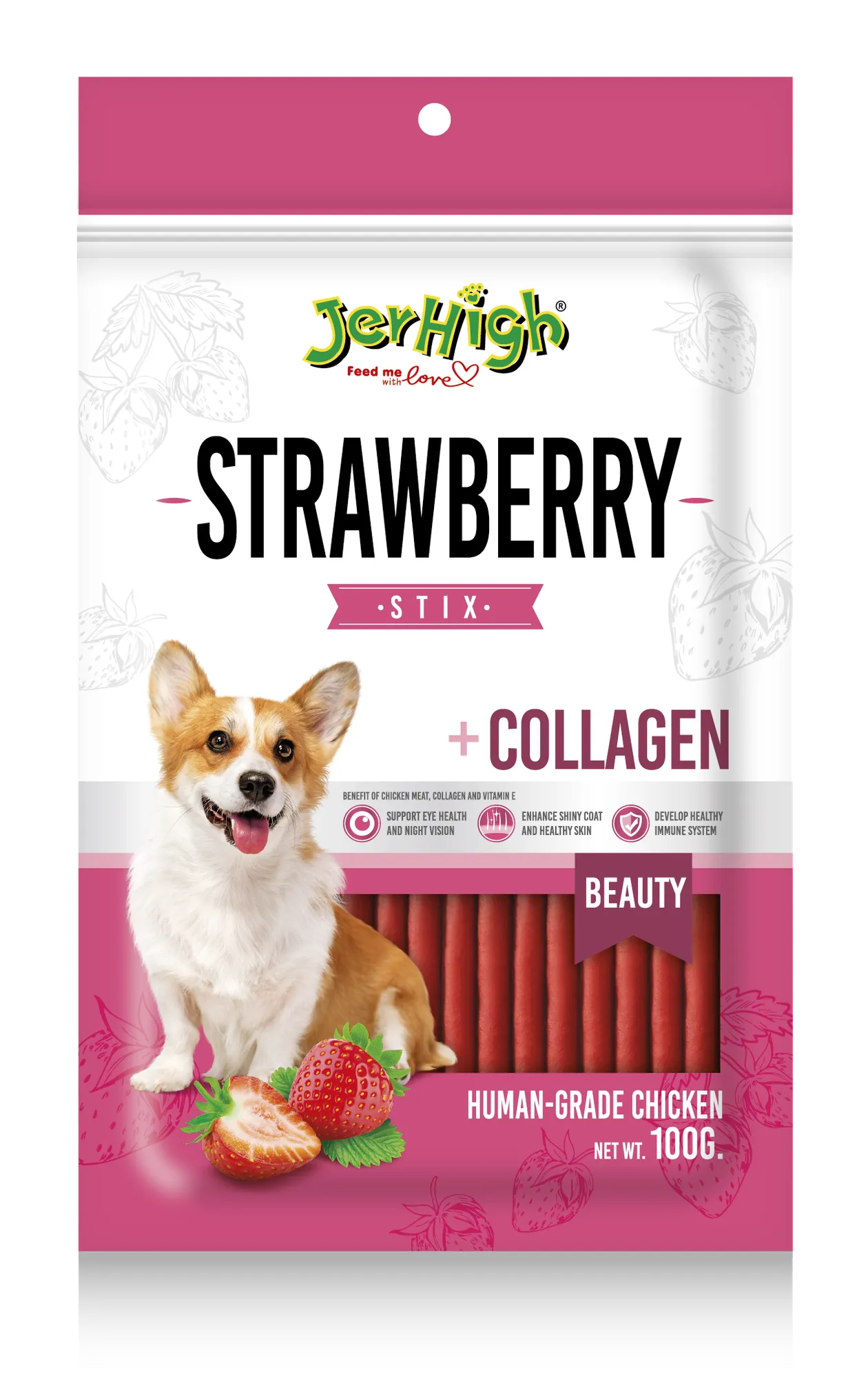 Jerhigh Strawberry Stick Collagen Dog Treats view 1
