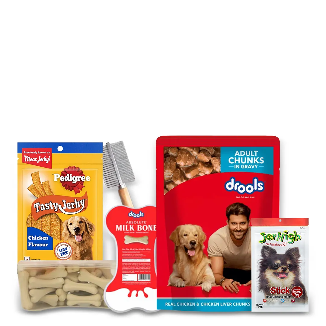 Pedigree Drools Calcium Milk Bone Chicken Jerky And Grooming Combo